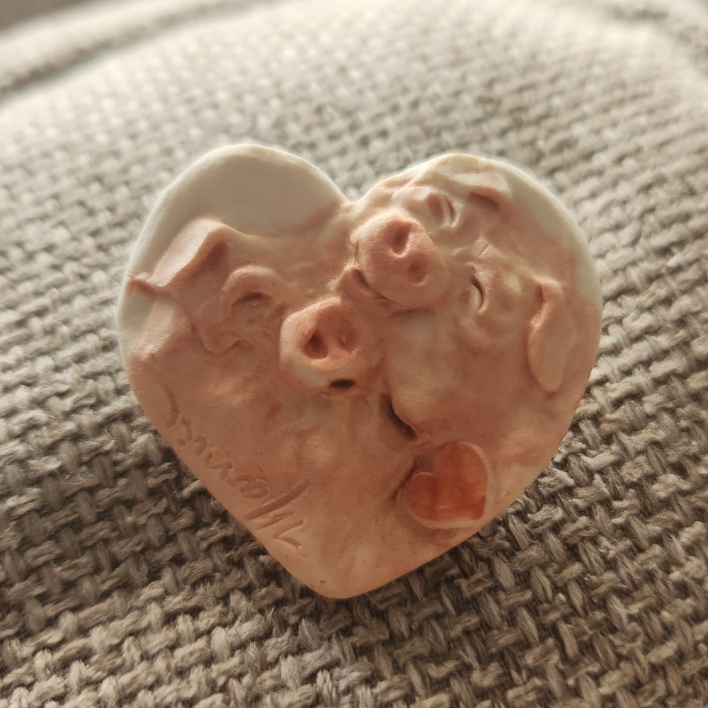 Heart-Shaped Pig Brooch Pin Pink OOAK Handmade